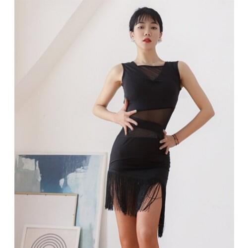 Summer Latin Dance Dress Sleeveless Mesh Stitching Practice Wear Tassel Tango Samba Competition/Performance Costume YS1811