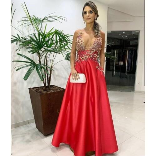 Evening Dress 2021 Sexy V-neck A-Line Pink Satin Sleeveless Crystal Beaded Prom Dress Women Girl Party Pocket Custom Made