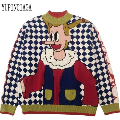 YUPINCIAGA Women Winter Thick Warm O-Neck Long Nose Plaid Jacquard Knit Pullovers Cartoon Embroidery Funny Knitted Sweaters Girl