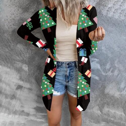 Women Christmas Day Tree Print Cardigan Coat Autumn Winter New Long Sleeve Casual Loose Button Outwear Jacket Long Top Female