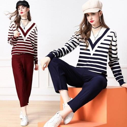2021 New Autumn Winter Knitted Pants Suit New Arrival Womens V Neck Striped Hit Color Sweater+Harem Pants Casual Two Piece Set