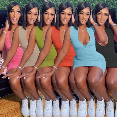 Women Knitted Zipper Up Sleeveless Bodycon Midi Mini Dress for Streetwear Classic Fitness Outfits Dresses