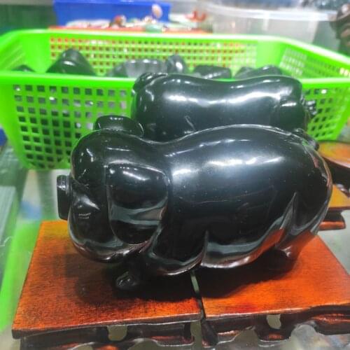 1pcs Lucky fortune pig large size natural black obsidian stone pig figurine healing crystals for home decoration fengshui wholes