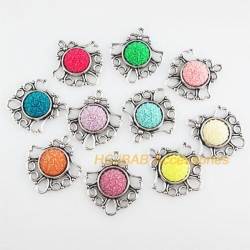10 New Flower Heart Charms Tibetan Silver Tone Retro Mixed Round Resin Pendants 26x29mm