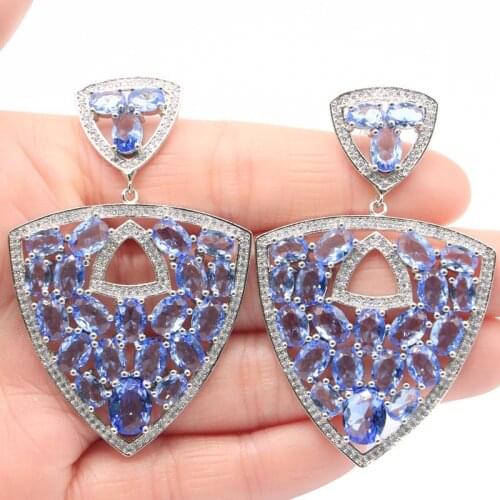 61x44mm Delicate Fine Cut Big Trangle Created Violet Tanzanite Pink Tourmaline Bright Zircon For Women Dating Silver Earrings