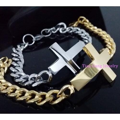 Brand New Top Polishing Silver Color/Gold Color 316L Stainless Steel Classic Cross Cowboy Chain Bracelet Women Mens Jewelry