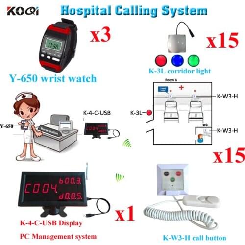 Wireless Bell Calling System For Hospital House Display 3 Wrist Watch And 15pcs Pull Cord 15 Corridor Light To Call For Service