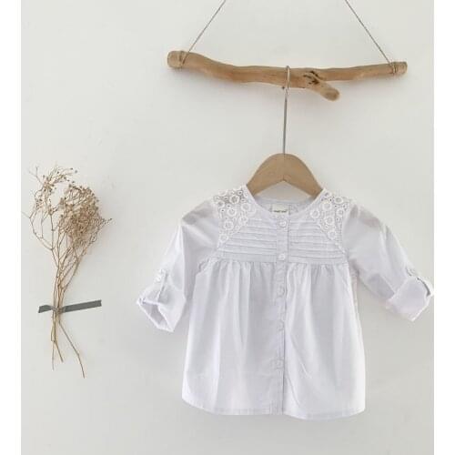 Girls Style Blouse with Long Sleeves Shirt Long-Sleeved Spring Autumn Pure Whtie Lace Patchwork Top Cotton White Pleated Shirts
