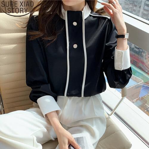 Women Long Sleeve Black Tops 2021 New Office Lady Spring Bllouse Pullover Chiffon Shirt Button Blusas Stand Collar Blouses 13076