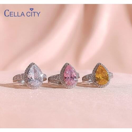 Cellacity Classic 925 sterling silver ring water drop shape gemstones white pink yellow color adjust size fine jewerly gift