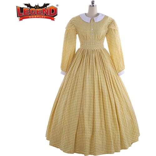 Cosplay legend Historical Civil War Yellow Plaid Prairie Cosplay Dress Women 19th Century Pioneer Colonial Dress WH001