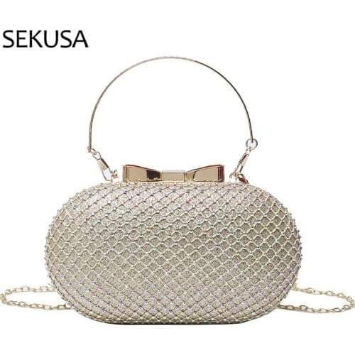 Bow Metal Golden Fashion Evening Bags Hollow Out Chain Shoulder Handbags Golden Color 2021 Party Clutches