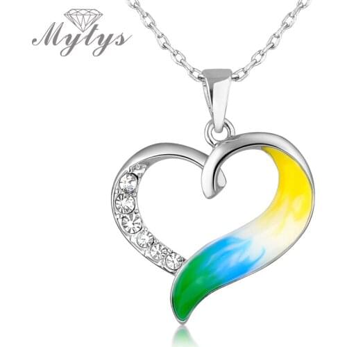 Mytys Yellow and Green Colorful Enamel Feathers Design Heart Shape Pendant Necklace for Women N1351