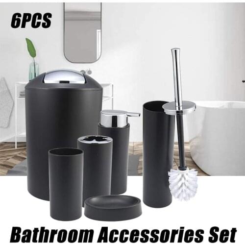 6Pcs Bathroom Washing Tools Set Toothbrush Holder Soap Dish Dispenser Toilet Brush Brush Holder Trash Can Kit