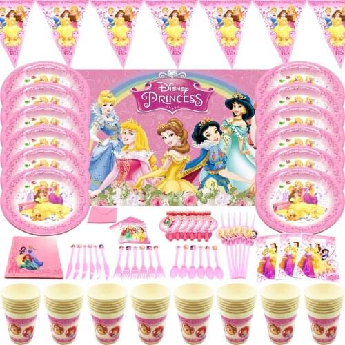 Disney Six Princess Theme Party Cups Plates Birthday Party Decorations Flags Kids Favor Party Supplies Christmas Tableware
