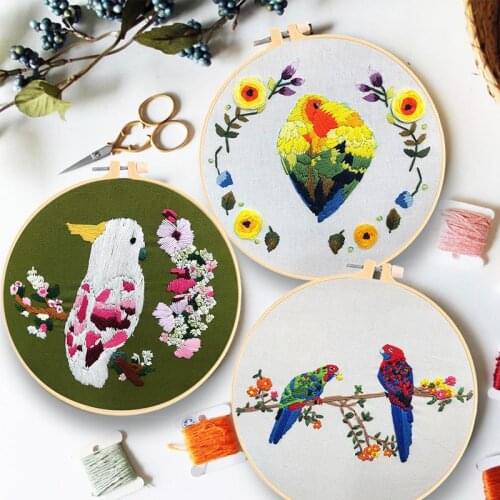 New Arrival Parrots Starter Embroidery Kits Fabric Threads Material Bag DIY 3D Animal Needlework Tools with Hoop Home Decor