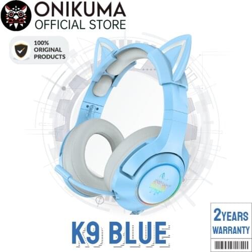 ONIKUMA K9 Blue Cat Ear Headphone with Mic Cute Gaming Headset with Mic and Noise Cancelling Headphone with Led Light
