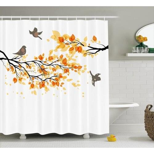 Fall Shower Curtain Branch with Pale Fall Leaves and Birds Natural Change in Season Summertime Print Bath Curtain For Bathroom