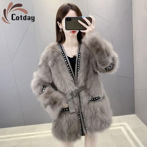 Cotday Office Lady Fox Fur Grass Coat 2021 Fashion Womens Middle Long Style Autumn Winter New Rivet Lace Up Fur Thickened Coat