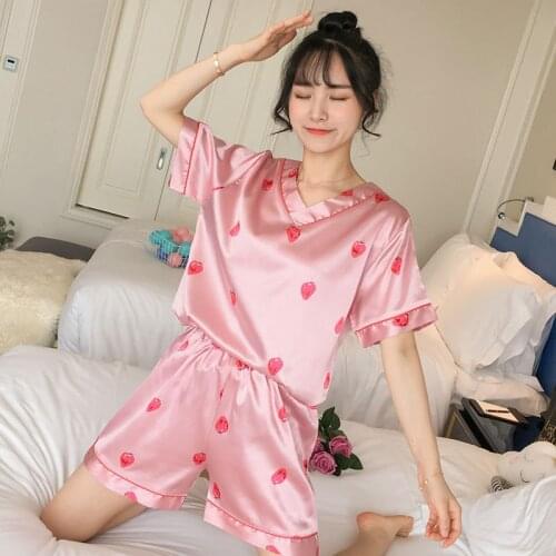 Two Pieces Pink Pajamas Printed Strawberry V Neck Short Sleeves Summer Nightwear Sleep Cloth Silk Material In Stock NW51