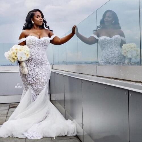 Mermaid Wedding Dresses Modest Plus Size Off Shoulder Trumpet Bridal Gowns Sweep Train Tulle Lace African Wedding Dress Custom M