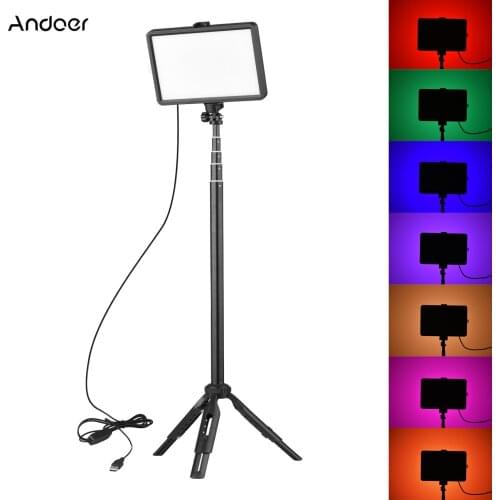 Andoer RGB Video Light LED Video Light 3200K-5600K 10 Levels Brightness USB Powered Extendable Tripod for Video Live Streaming