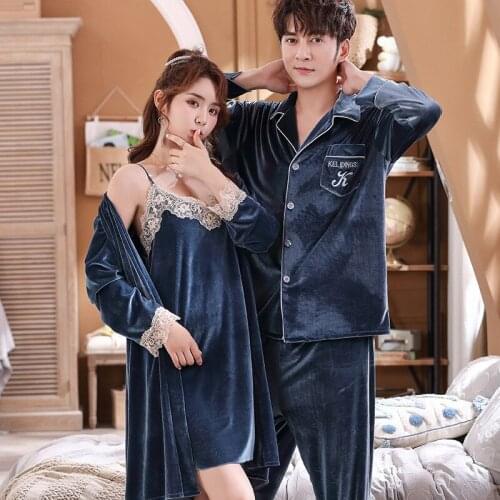 High Quality Women Robe Sets Men Top Trousers Pajama Suit Gold Velvet Couple Pyjamas Wedding Morning Gown Home Service