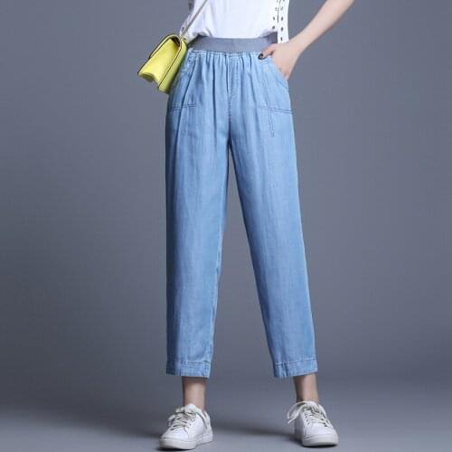 2021 Women Harem Pants Summer Elastic Waist Loose Casual Blue Ankle Length Summer Women Thin Jeans Plus Size 4XL Female Trousers