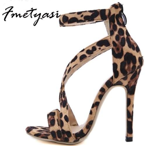 Heels Women Shoes 2021 Hot Sale Fashion Party Suede Round Toe Super High Heels Back Zipper Stiletto Sandals Leopard Shallow