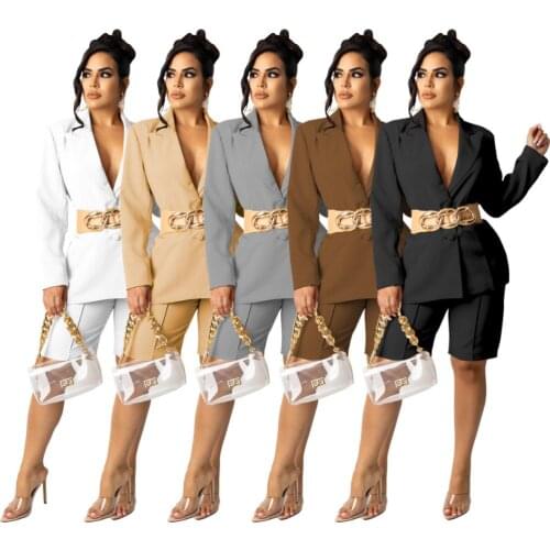 Somoshein Female Business Suit Long Sleeves Sexy V-neck Button Casual Two Piece Sets Slim Shorts Elegant Women Outfit Wholesale