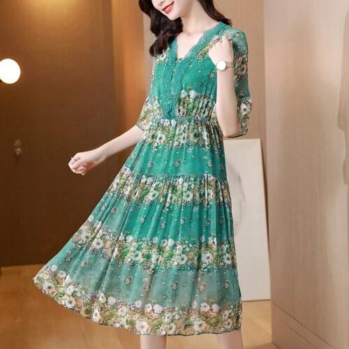 2021 Vintage 3XL Plus Size Chiffon Beach Dress Casual Print Mulberry Silk Midi Dress Summer Women Elegant Bodycon Party Vestidos