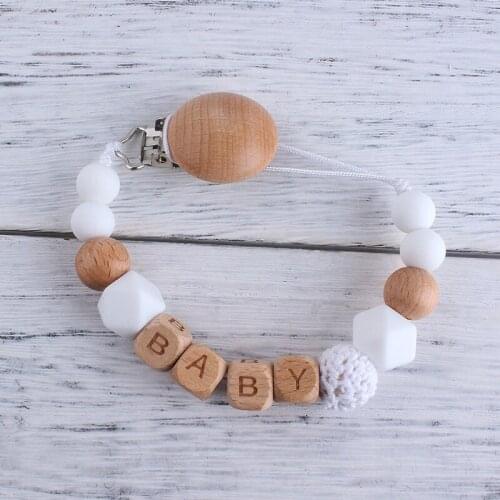 Personalized Baby Name Beech Wood Chew Beads Pacifier Clips Dummy Chain Holder Cute Soother Chains Baby Teething Toy Baby Chew