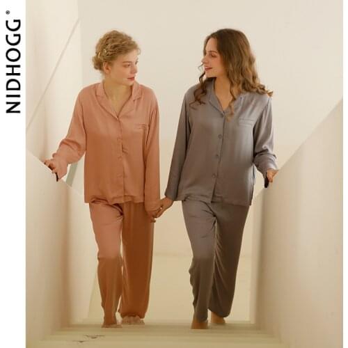 2021 Women Solid Color Satin Pajamas Long Sleeve Are Fresh Plain and Clean Sleepwear Viscose Lapel Pijamas Two Piece Lounge Wear