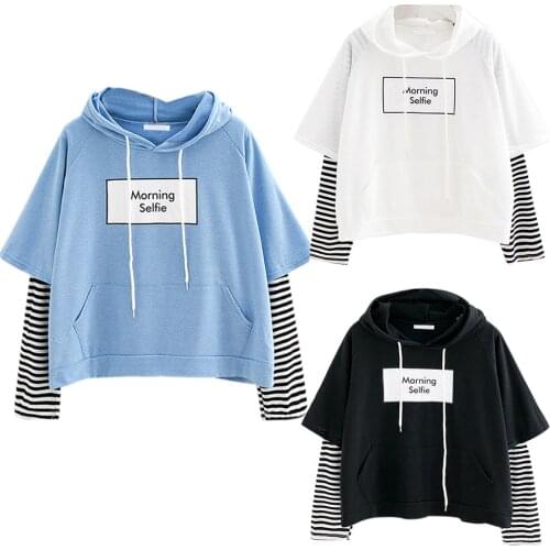 40# Korean Style Women Hoodies Sweatshirt Ladies Sweatshirt Hooded Long Sleeve Crop Patchwork Pullover Tops Streetwear Clothes