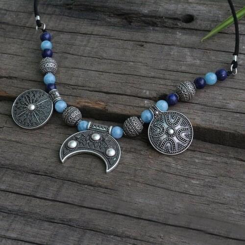 8mm Lapis Lazuli And Amazonite Beads Necklace, Slavic Ethnic , Viking Ethnic Jewelry For Women Lunitsa, Slaves LUNULA Pendant