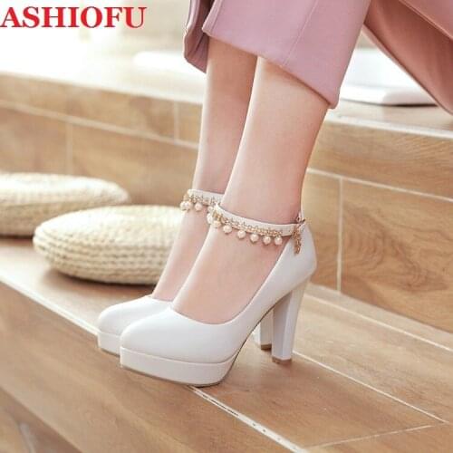 ASHIOFU Handmade Womens Chunky Heels Pumps Buckle Ankle Strap Crystals Party Prom Shoes Platform Fashion Court Shoes Four Color