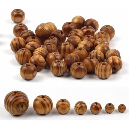 1-200pcs 6-30mm Brown Stripe Pine Wood Beads With Hole Round Balls Loose Spacer Beads for Jewelry Making DIY Bracelet Accessorie