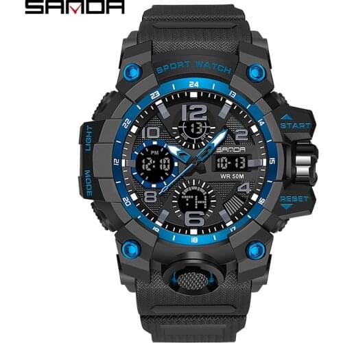 SANDA Sports Military Mens Watches Waterproof Dual Display Quartz Watch Men Wristwatch For Male Clock Relogios Masculino 6021