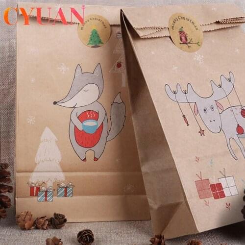 CYUAN 13pcs Christmas Bags Treat Kids or Guests Gift Bag With Christmas Tree Sticker Candy Packing Xmas Natal Noel Decoration