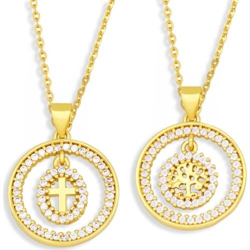 FLOLA Cross Necklace CZ Copper Tree Of Life Necklace Gold Chain Round Pendant Crystal Charms Pendant Jewelry nkev77