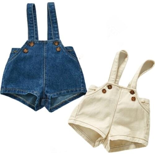 2020 Baby Girl Cute Sweet Fashion Boys Washed Jeans Jumpsuit Kids Denim Romper Buttons Jumpsuits Straps Short Pants Cowboy Blue