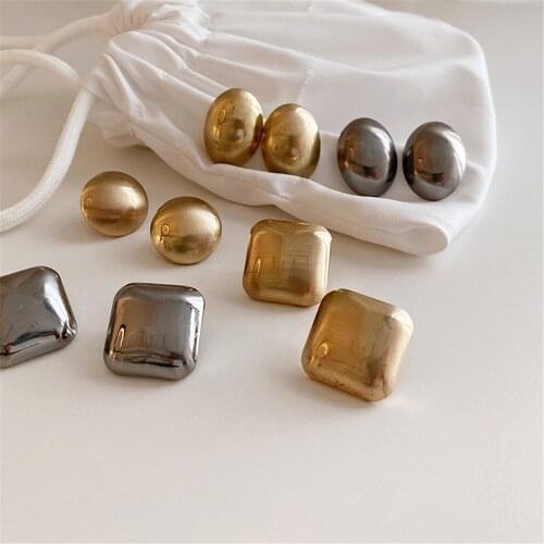 Korean Fashion Minimalist Geometric Brushed Metal Stud Earrings Golden Silver Color Oval Round Square Earrings for Women Jewelry