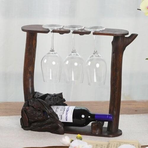 Creative wine rack decor wine glass rack upside down wine bottle solid wood retro creative wine display stand Cup holder CL81812