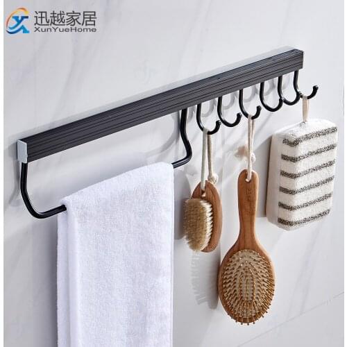 Towel Robe Hooks Black Aluminum Punch-Free Wall Mounted Supplies Hanger for Bathroom Kitchen Hardware Accessories