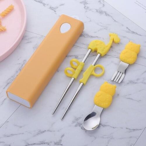 Soft Silicone Baby Tableware Learn Eating Training Feeding Spoon Fork Chopsticks Set with Box Cartoon Animal Childrens Cutlery