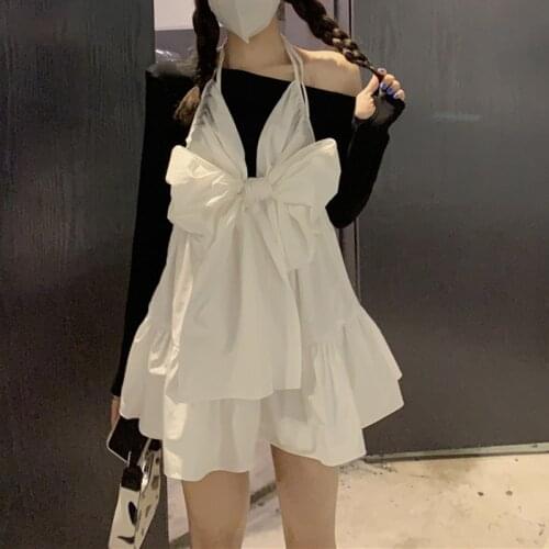 VSUE Girls Sweet Two Piece Set Irregular One Shoulder Blouse Camisole Strap Bow Elastic Waist Ruffles Pleated Dress Party T3058
