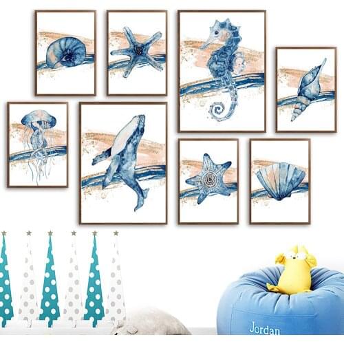Starfish Seahorse Whale Jellyfish Shell Marine life Art Canvas Painting Nordic Posters And Prints Wall Pictures Kids Room Decor