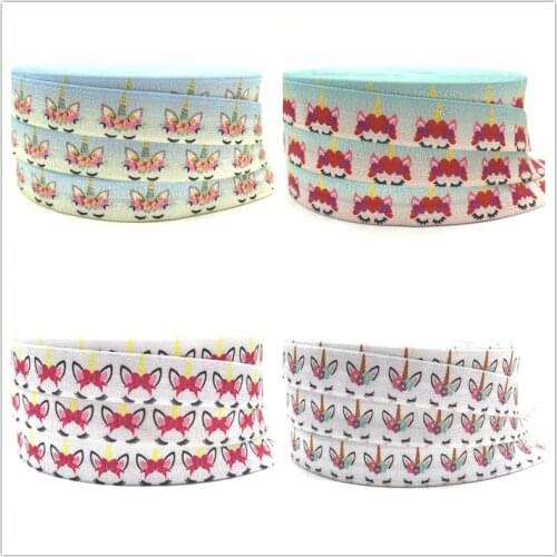 New 50Yards Rainbow Unicorn Print Fold Over Elastic FOE Ribbon For DIY Sewing Headwear Party Decorations Wholesale