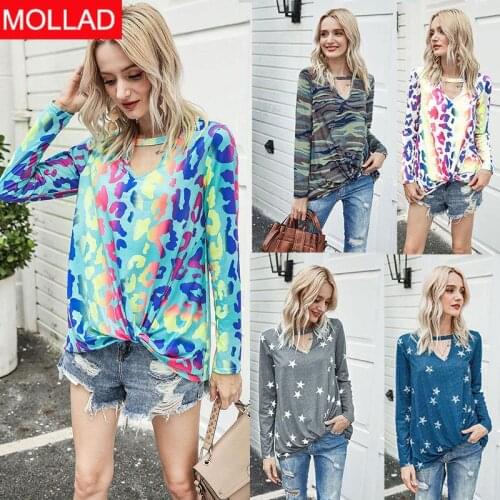 2021 Autumn and Winter Hot European and American Womens Clothing V-neck Hollow Leopard Print Top Camouflage T-shirt