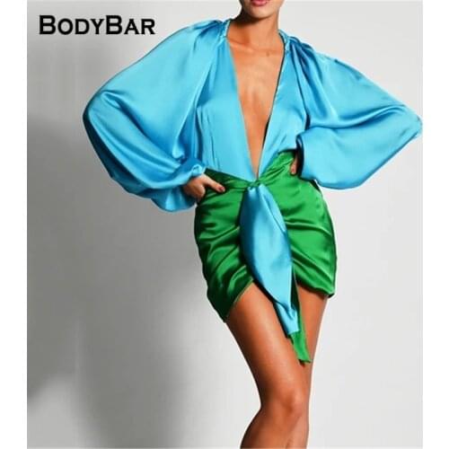 Autumn Sexy V-neck Shirt Tops And Hip Buttock Skirts Two-piece Suit Lady Long Sleeves Nightclub Sets 2021 Satin Outfits Bodycon